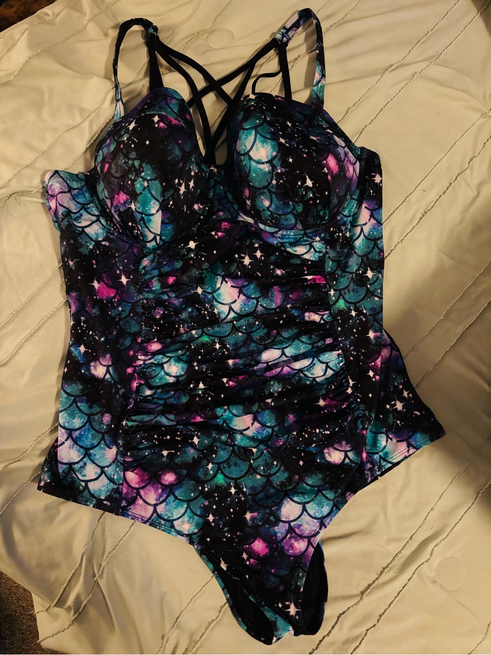 Torrid Black Teal Purple Galaxy Mermaid One-Piece Swimsuit